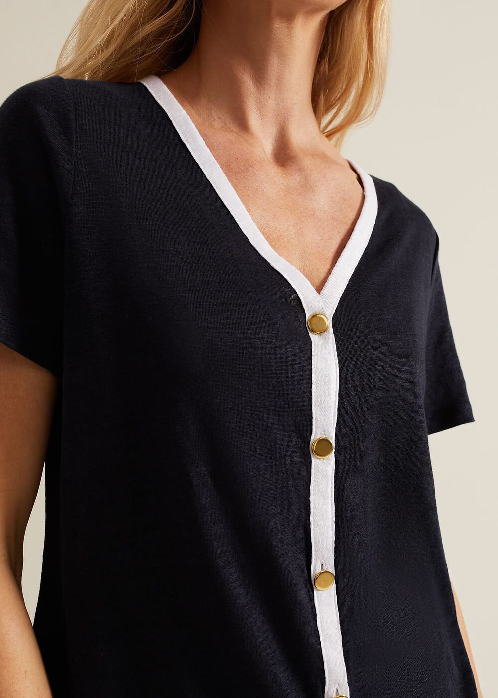 Dorothy Contrast Piping Linen Top - Navy/White