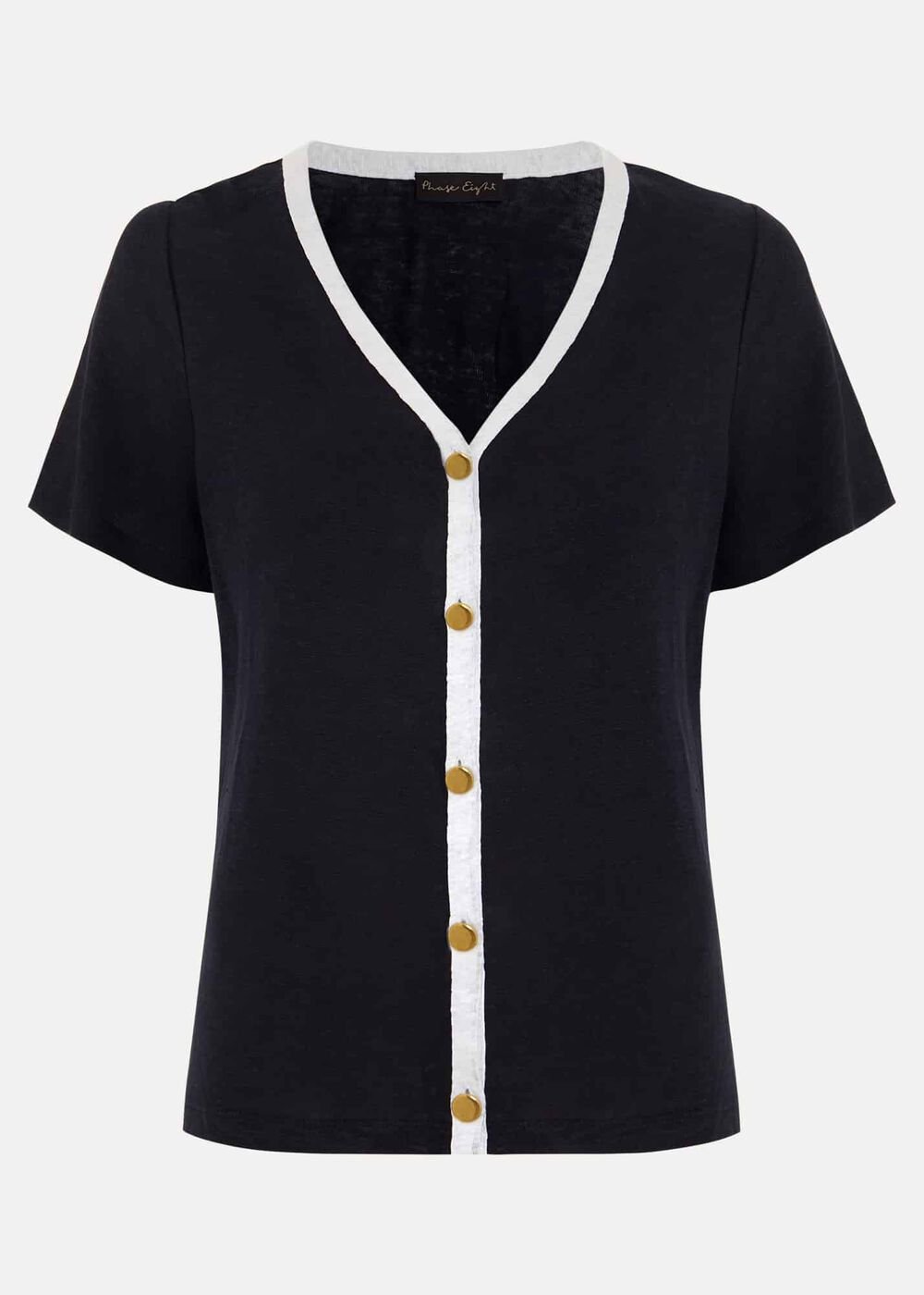 Dorothy Contrast Piping Linen Top - Navy/White