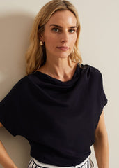 Cheryl Cowl Neck Woven Front Top - Navy