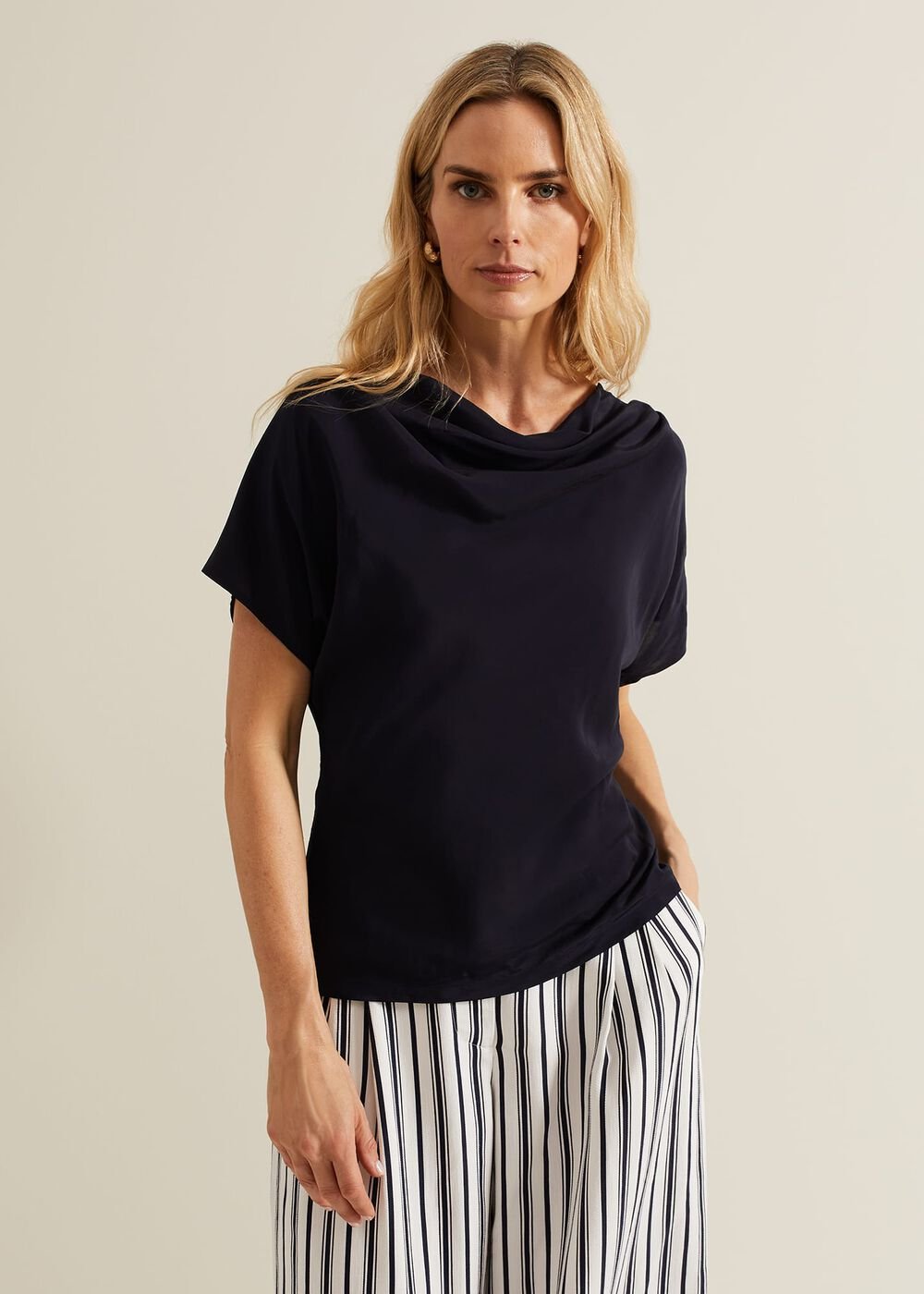 Cheryl Cowl Neck Woven Front Top - Navy