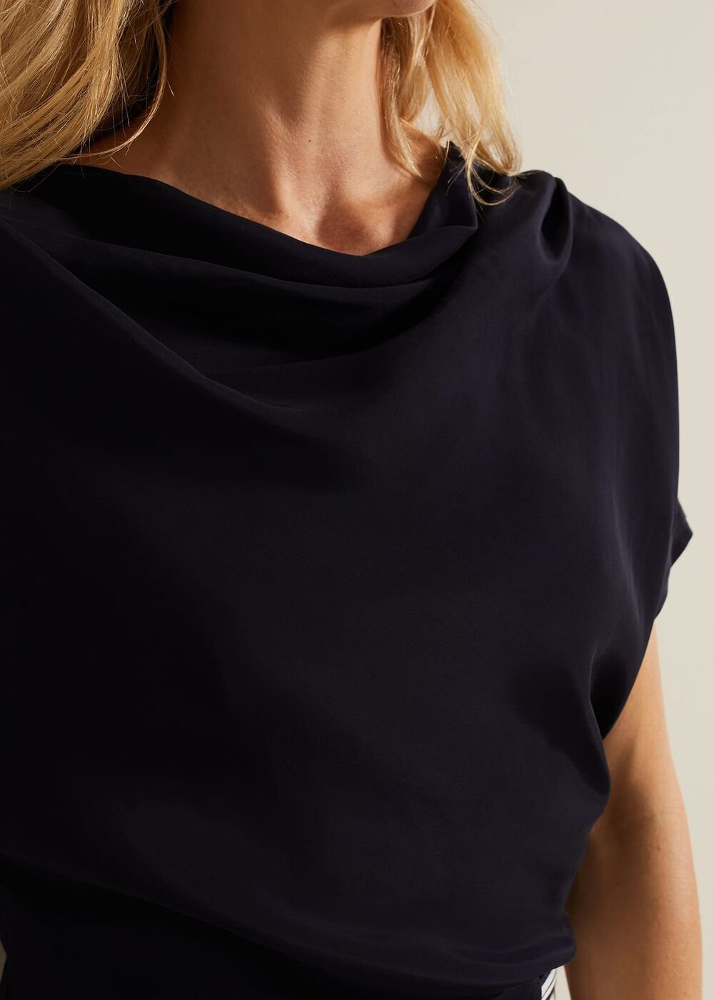 Cheryl Cowl Neck Woven Front Top - Navy