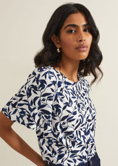 Nayana Leaf Print Top - Navy/White