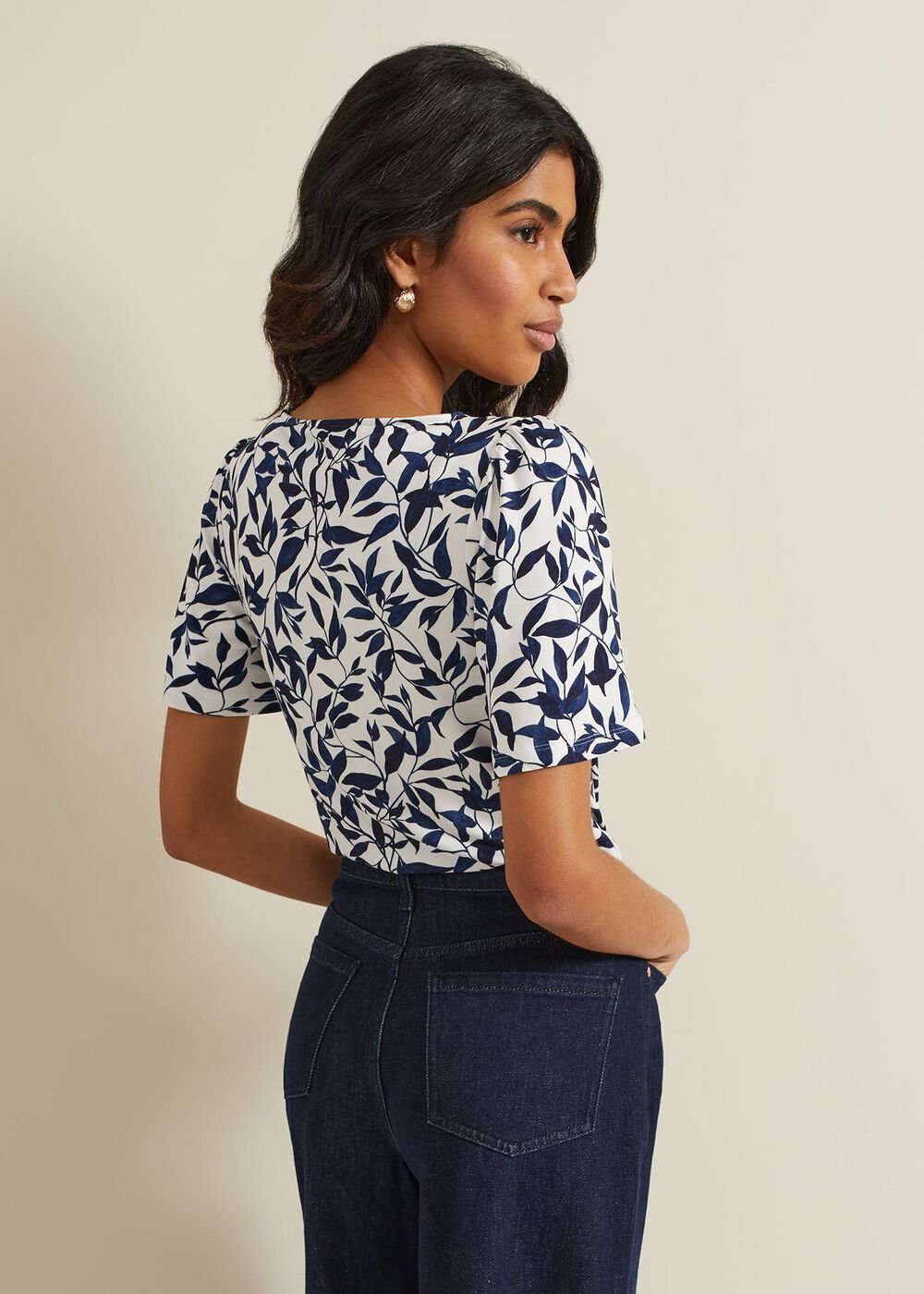 Nayana Leaf Print Top - Navy/White