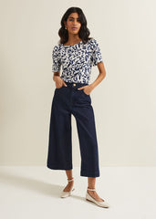 Nayana Leaf Print Top - Navy/White