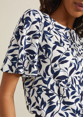 Nayana Leaf Print Top - Navy/White
