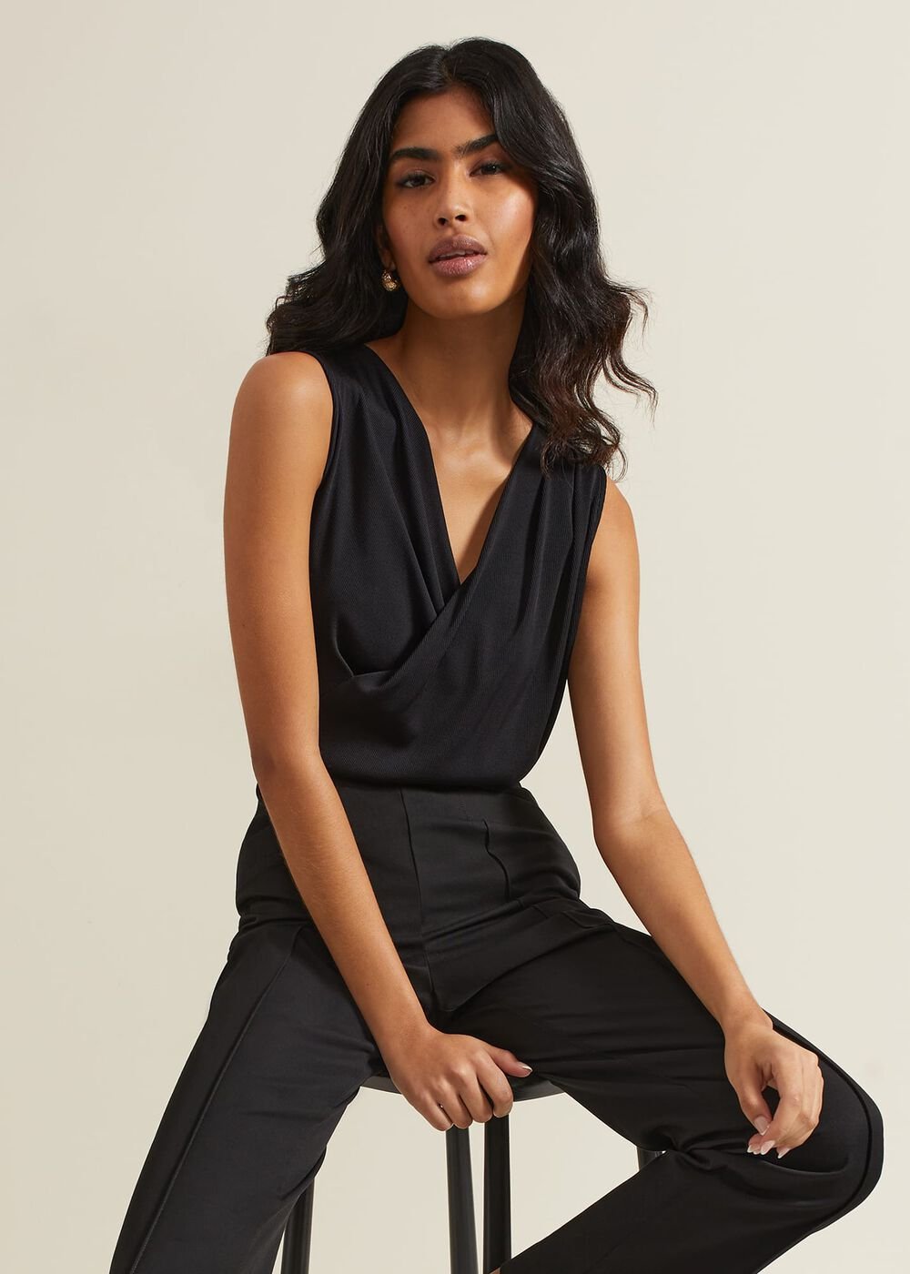 Sutton Sleeveless Drape Rib Top - Black