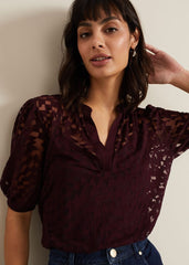 Cleo Checkered Burnout Top - Burgundy