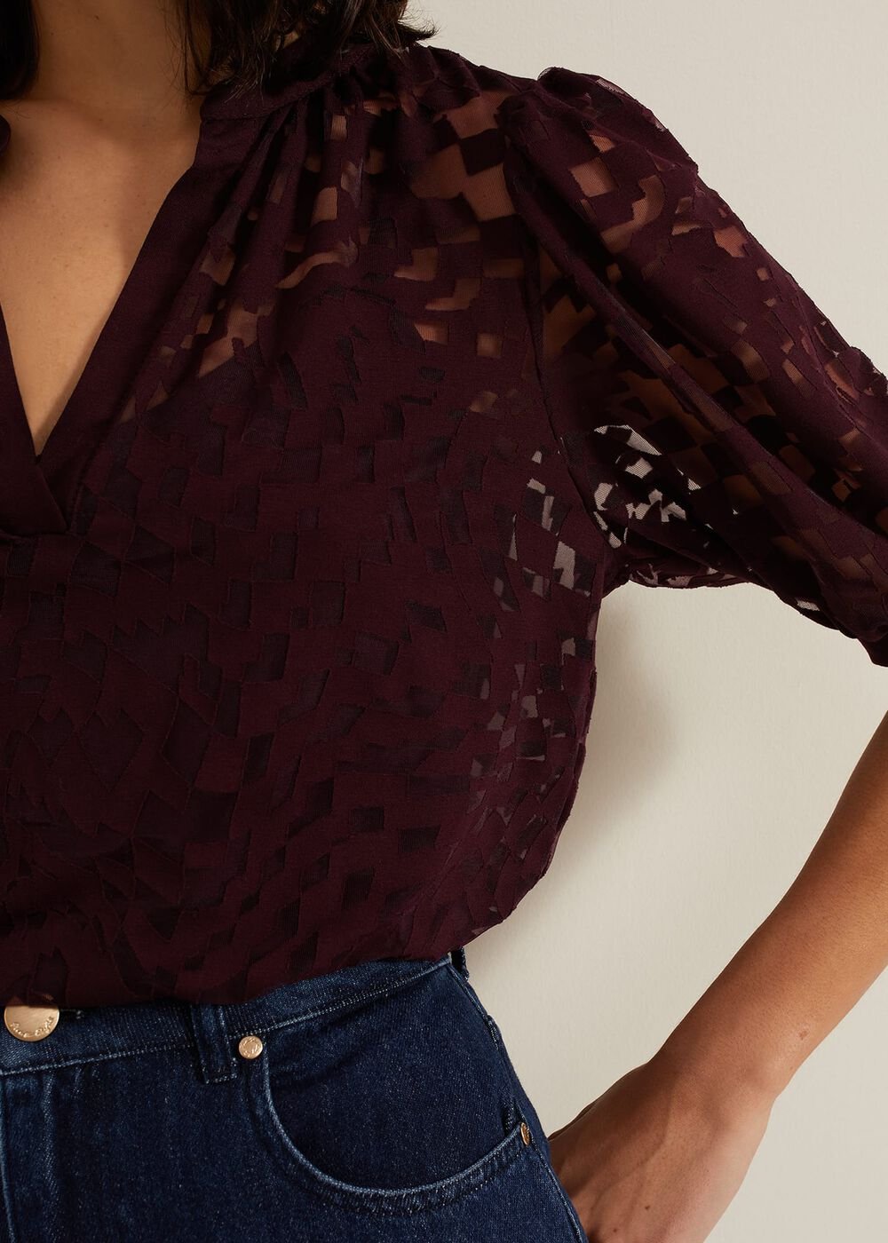 Cleo Checkered Burnout Top - Burgundy