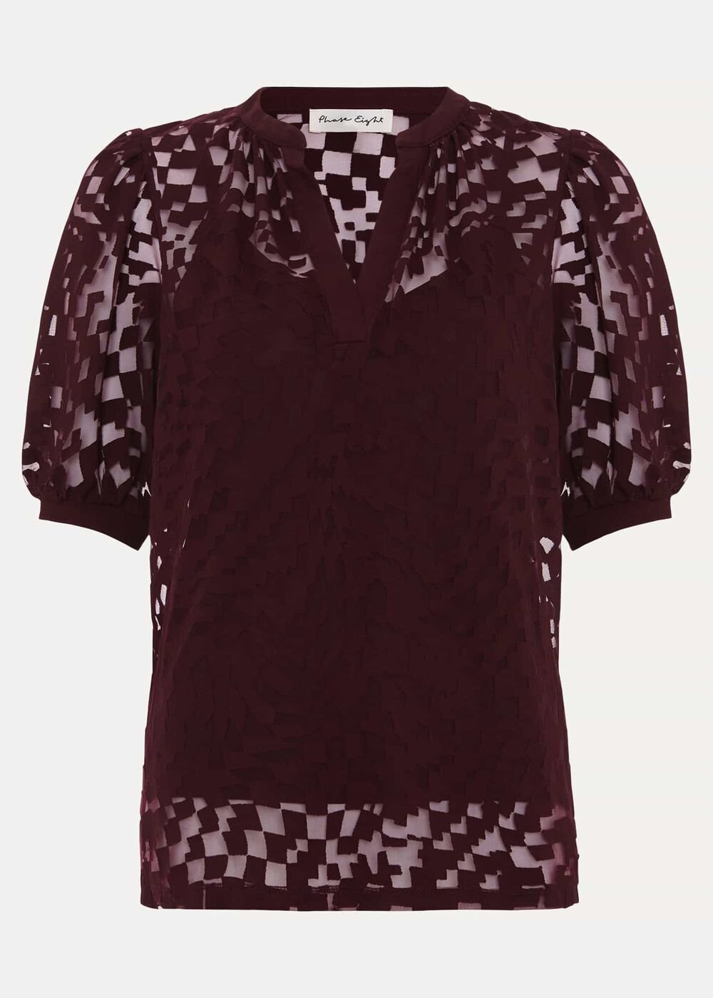 Cleo Checkered Burnout Top - Burgundy