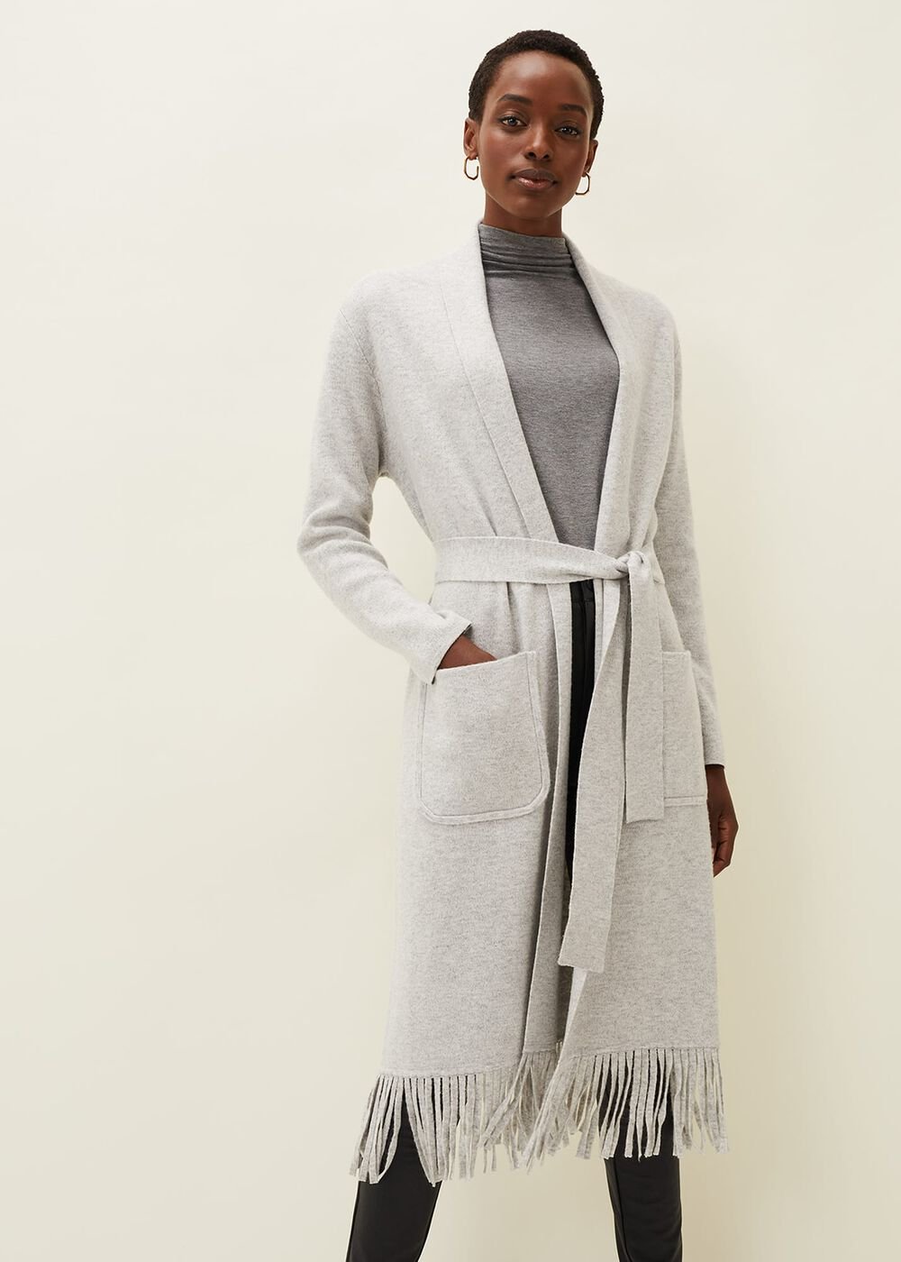 Debbie Tassel Trim Maxi Cardigan - Pale Grey