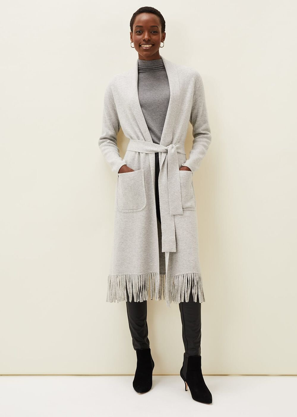 Debbie Tassel Trim Maxi Cardigan - Pale Grey