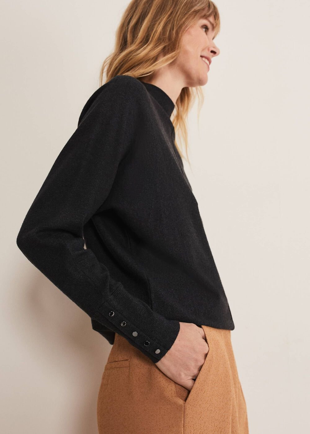 Indigo Button Cuff Easy Knit - Charcoal