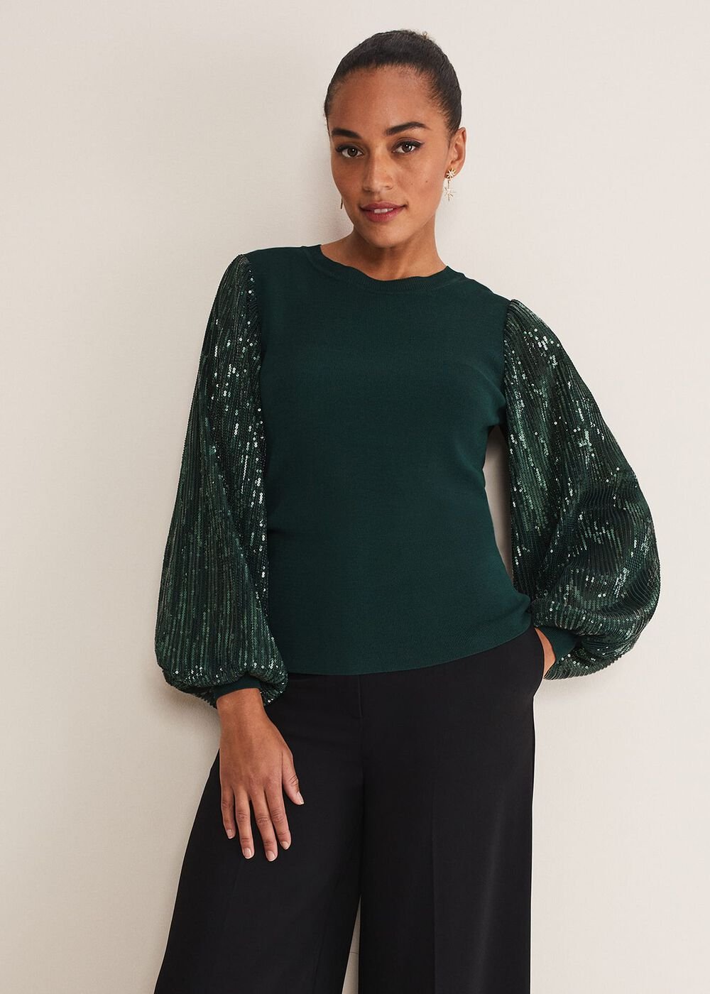 Everley Sequin Sleeve Top - Dark Green