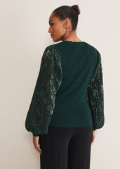 Everley Sequin Sleeve Top - Dark Green