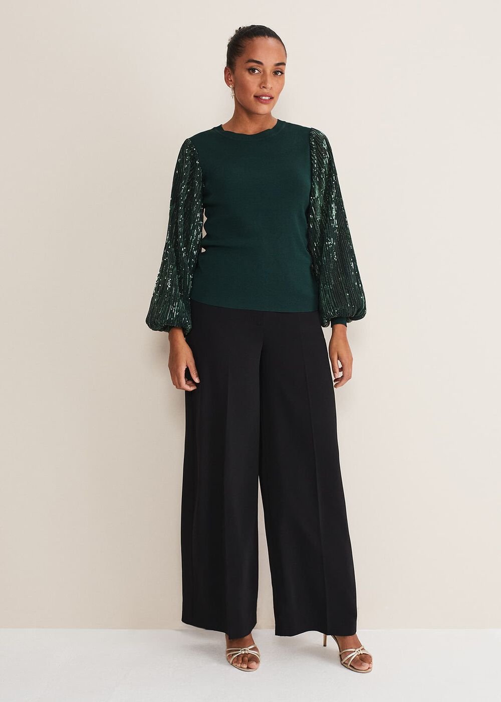 Everley Sequin Sleeve Top - Dark Green