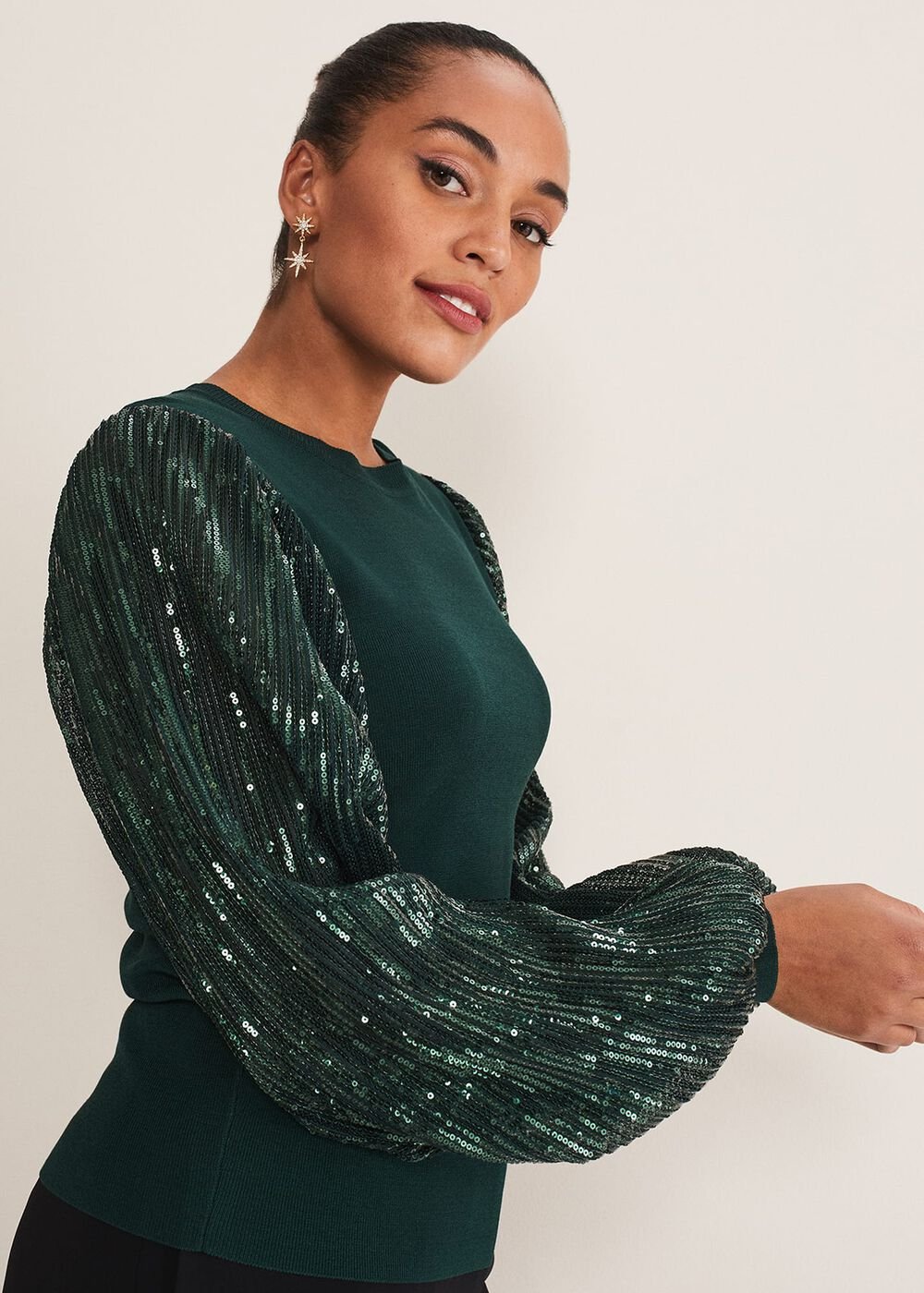 Everley Sequin Sleeve Top - Dark Green