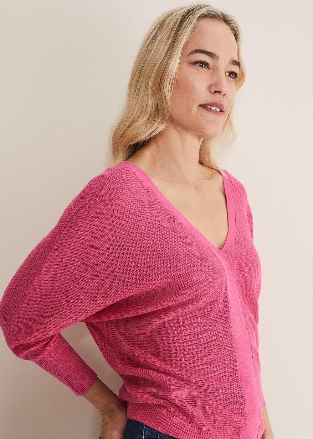 Tia V Neck Linen Knit - Pink