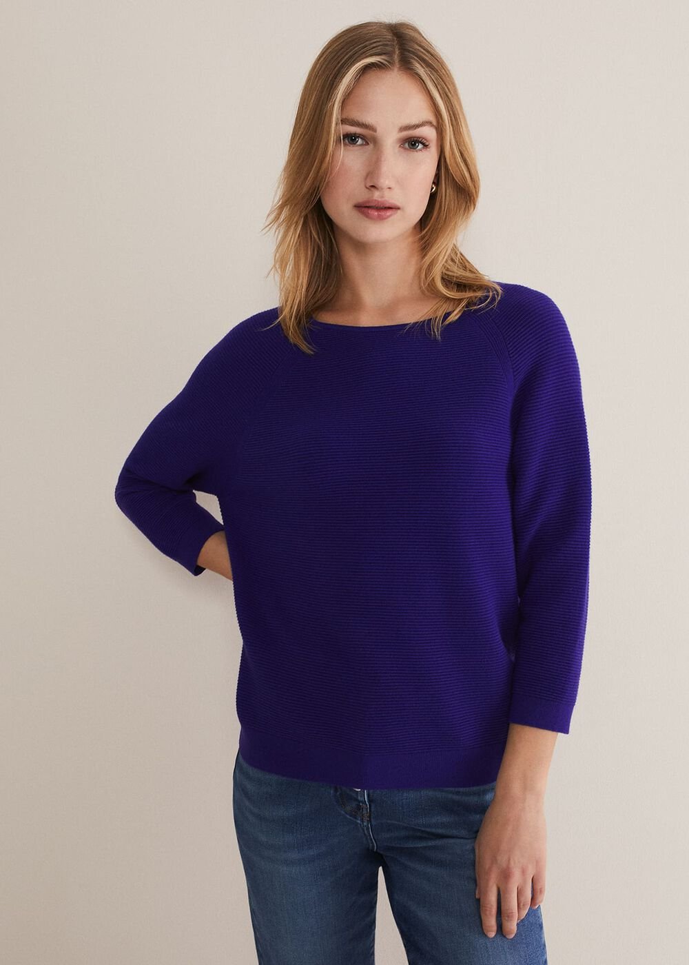 Blue Ribbed Jumper with 3/4 Sleeves & Boat Neckline - Purple