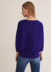 Blue Ribbed Jumper with 3/4 Sleeves & Boat Neckline - Purple