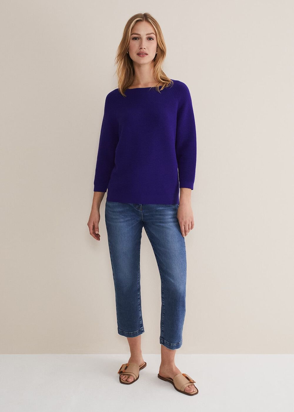 Blue Ribbed Jumper with 3/4 Sleeves & Boat Neckline - Purple