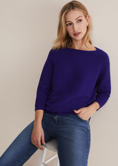 Blue Ribbed Jumper with 3/4 Sleeves & Boat Neckline - Purple