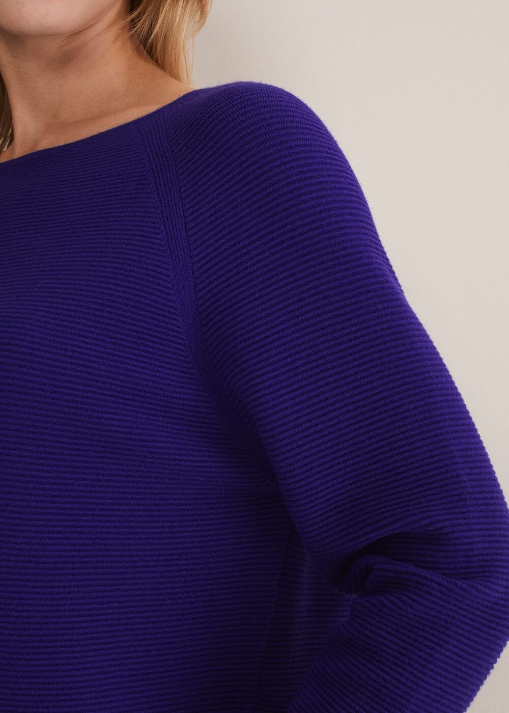 Blue Ribbed Jumper with 3/4 Sleeves & Boat Neckline - Purple
