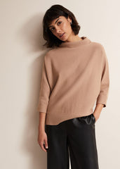 Camel Knitted Jumper with Roll Neck & 3/4 Sleeves - Camel