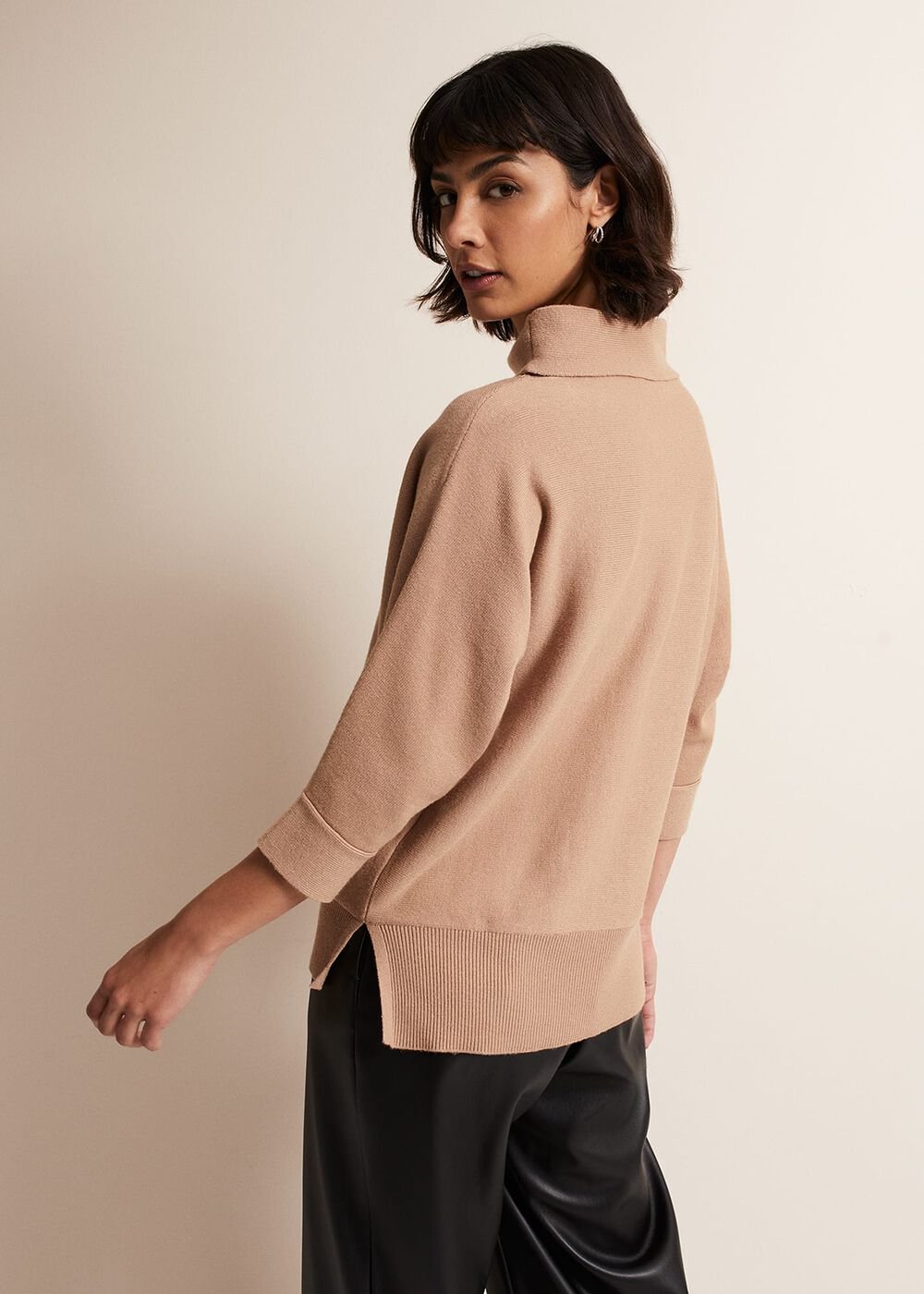 Camel Knitted Jumper with Roll Neck & 3/4 Sleeves - Camel