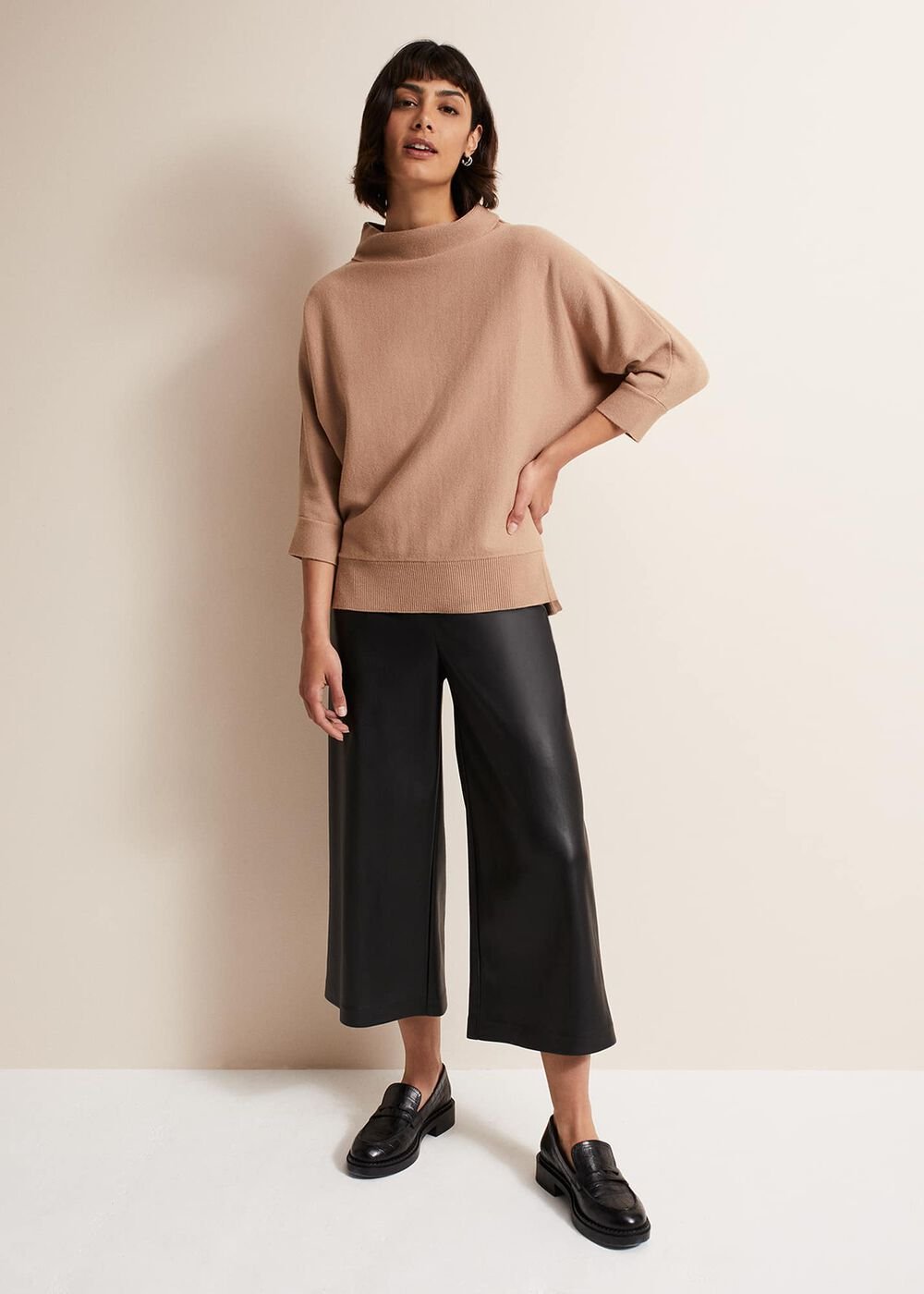Camel Knitted Jumper with Roll Neck & 3/4 Sleeves - Camel