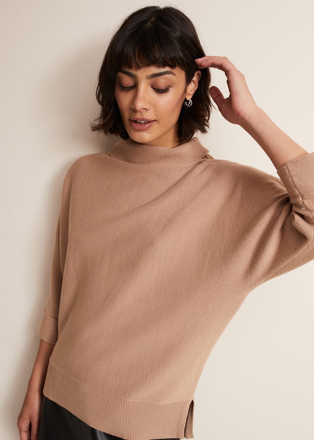 Camel Knitted Jumper with Roll Neck & 3/4 Sleeves - Camel