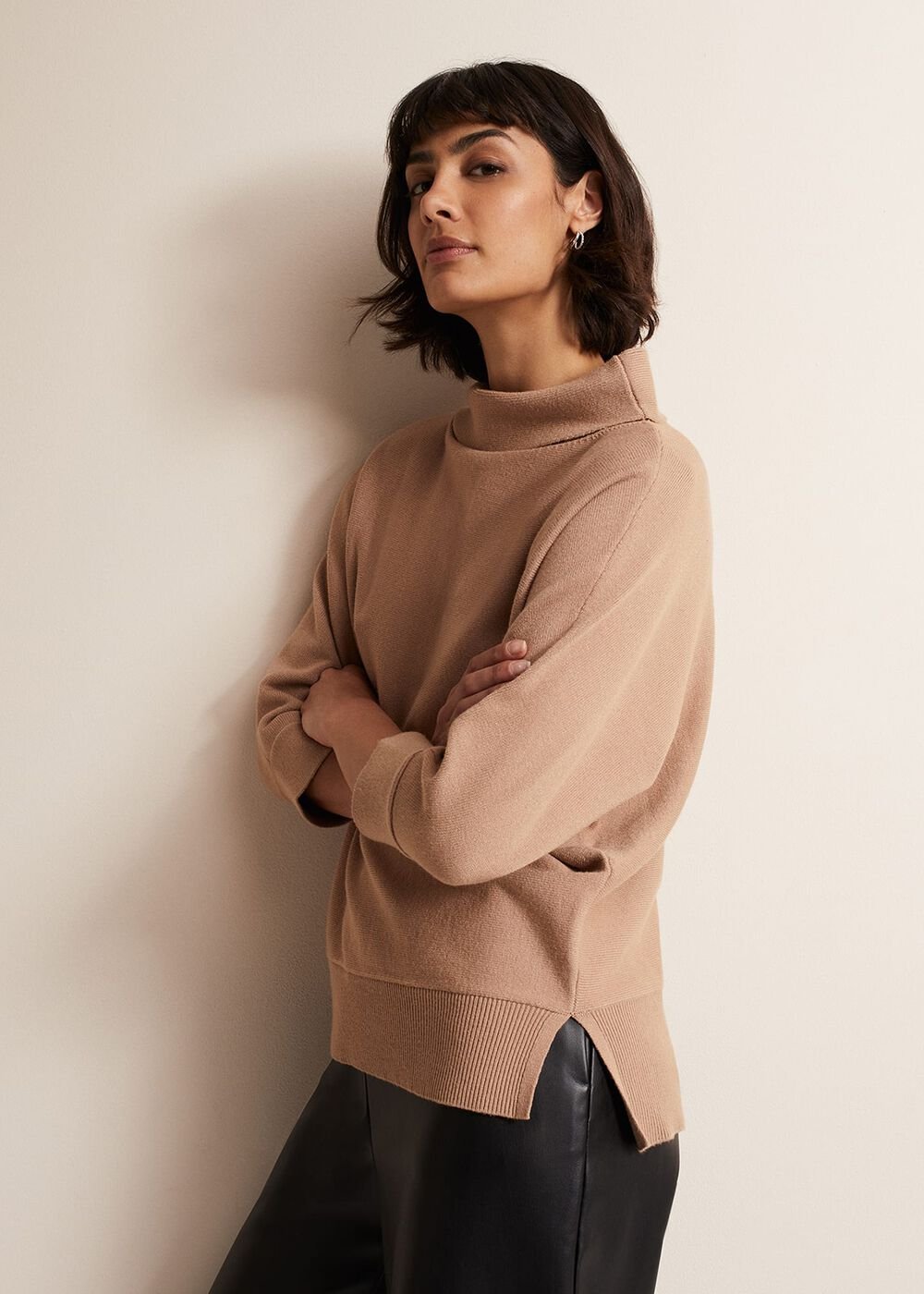 Camel Knitted Jumper with Roll Neck & 3/4 Sleeves - Camel