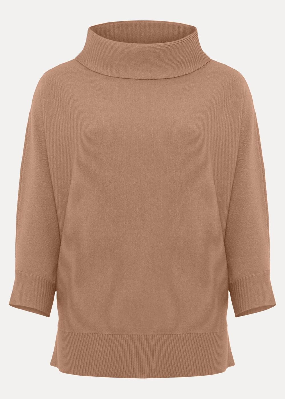 Camel Knitted Jumper with Roll Neck & 3/4 Sleeves - Camel