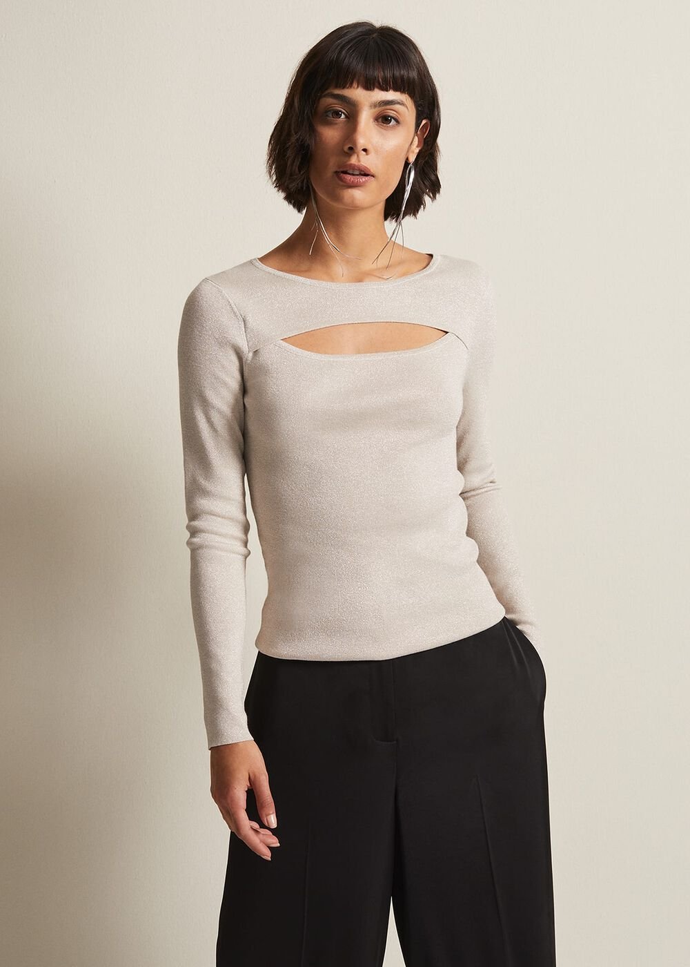 Ciara Cut Out Lurex Knitted Top - Neutral
