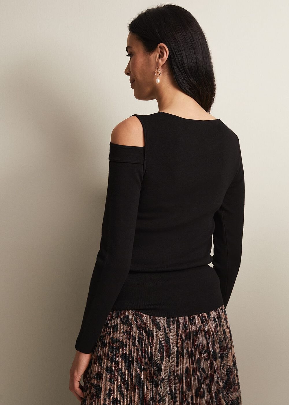 Black Long Sleeve Knit Top with Cut Out Front & Shoulder - Black