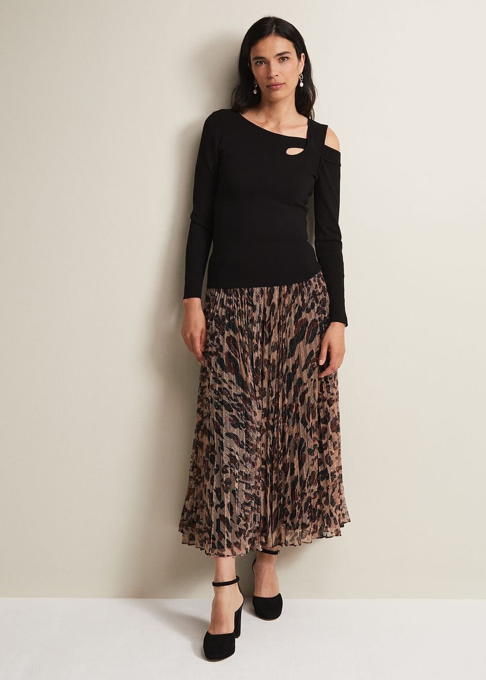 Black Long Sleeve Knit Top with Cut Out Front & Shoulder - Black