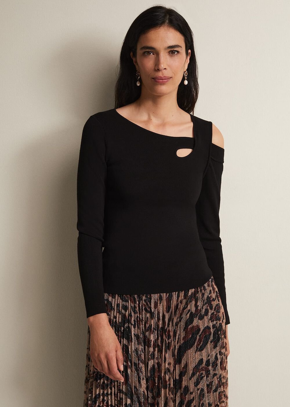 Black Long Sleeve Knit Top with Cut Out Front & Shoulder - Black