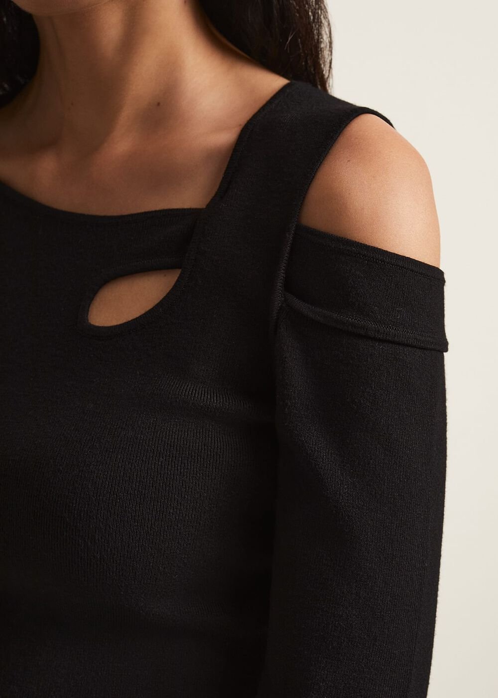 Black Long Sleeve Knit Top with Cut Out Front & Shoulder - Black