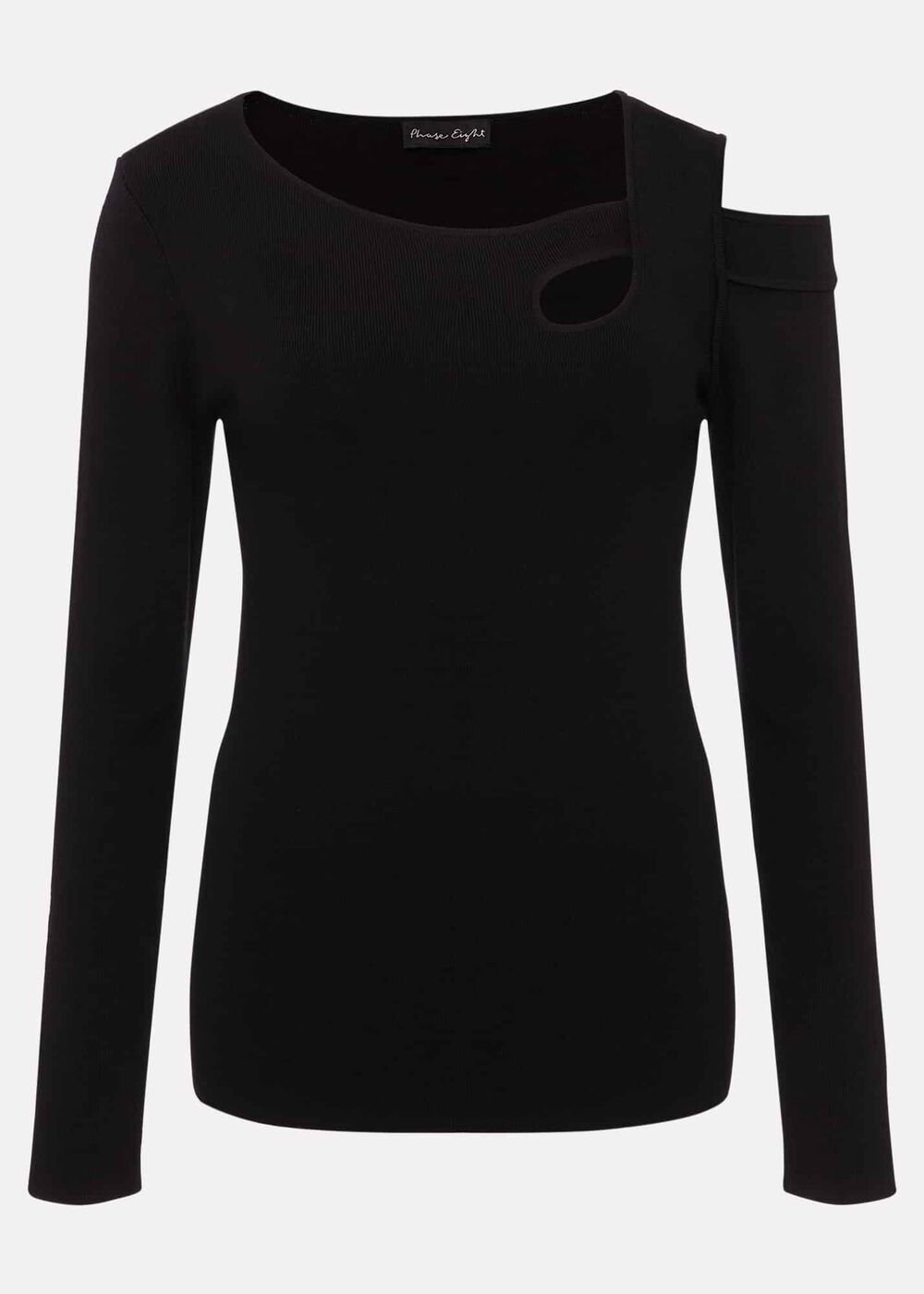 Black Long Sleeve Knit Top with Cut Out Front & Shoulder - Black