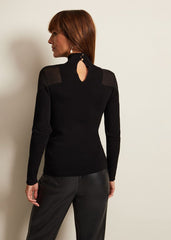 Amiee Sheer Cold Shoulder Knit Panel Top - Black