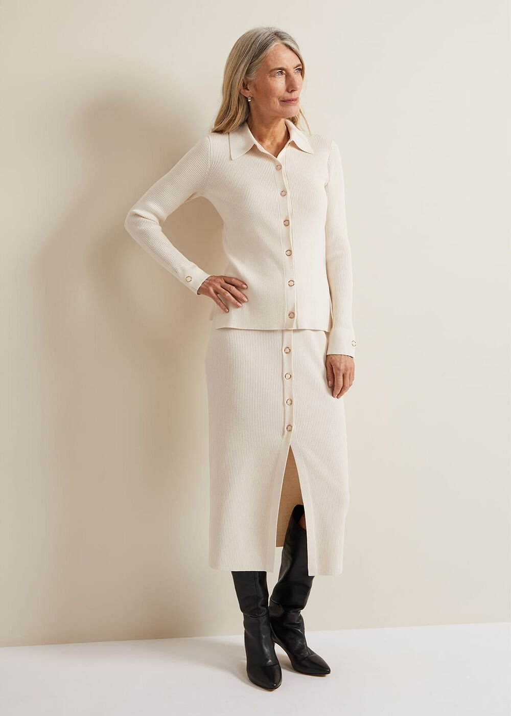 Irina Ribbed Button Detail Knit Top - Ivory