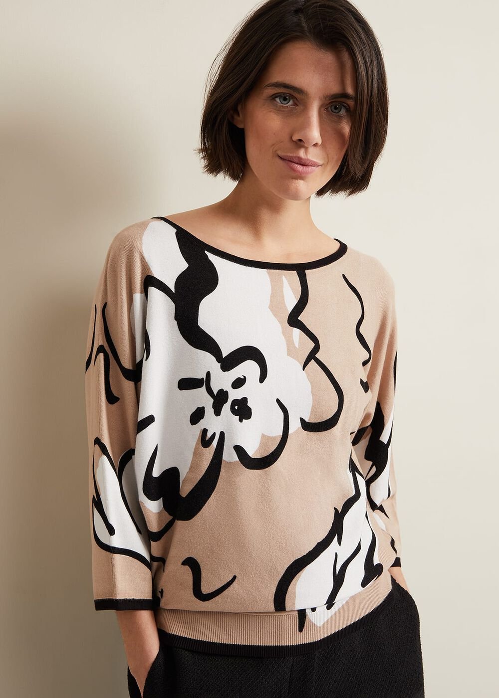 Laurie Ink Floral Knitted Top - Camel