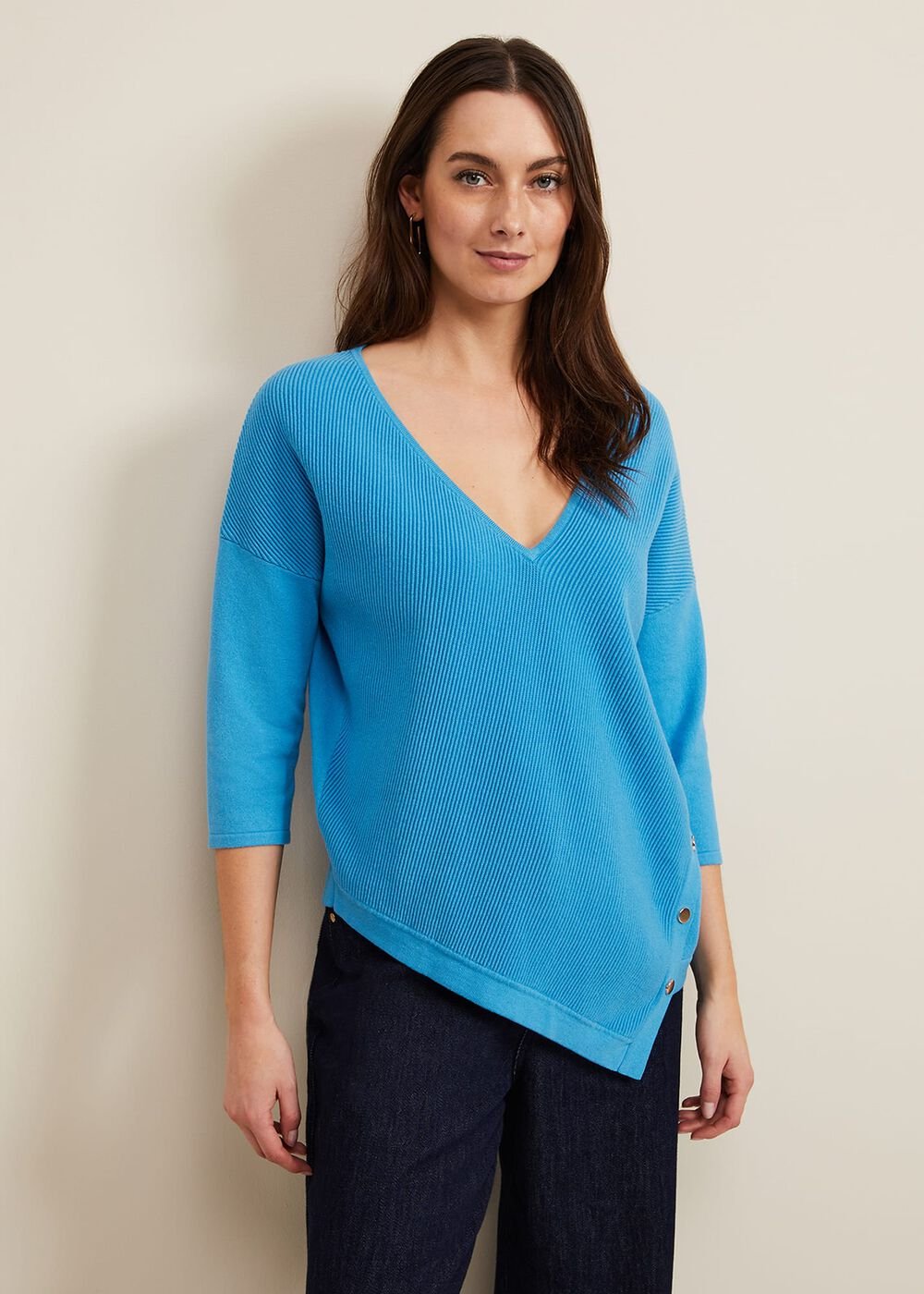 Georgia Ribbed Asymmetric Button Jumper - Blue
