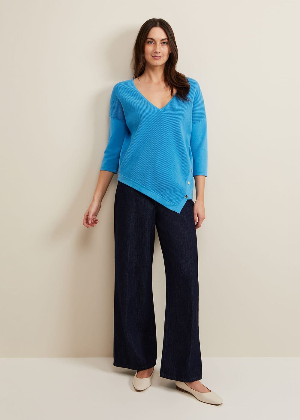 Georgia Ribbed Asymmetric Button Jumper - Blue