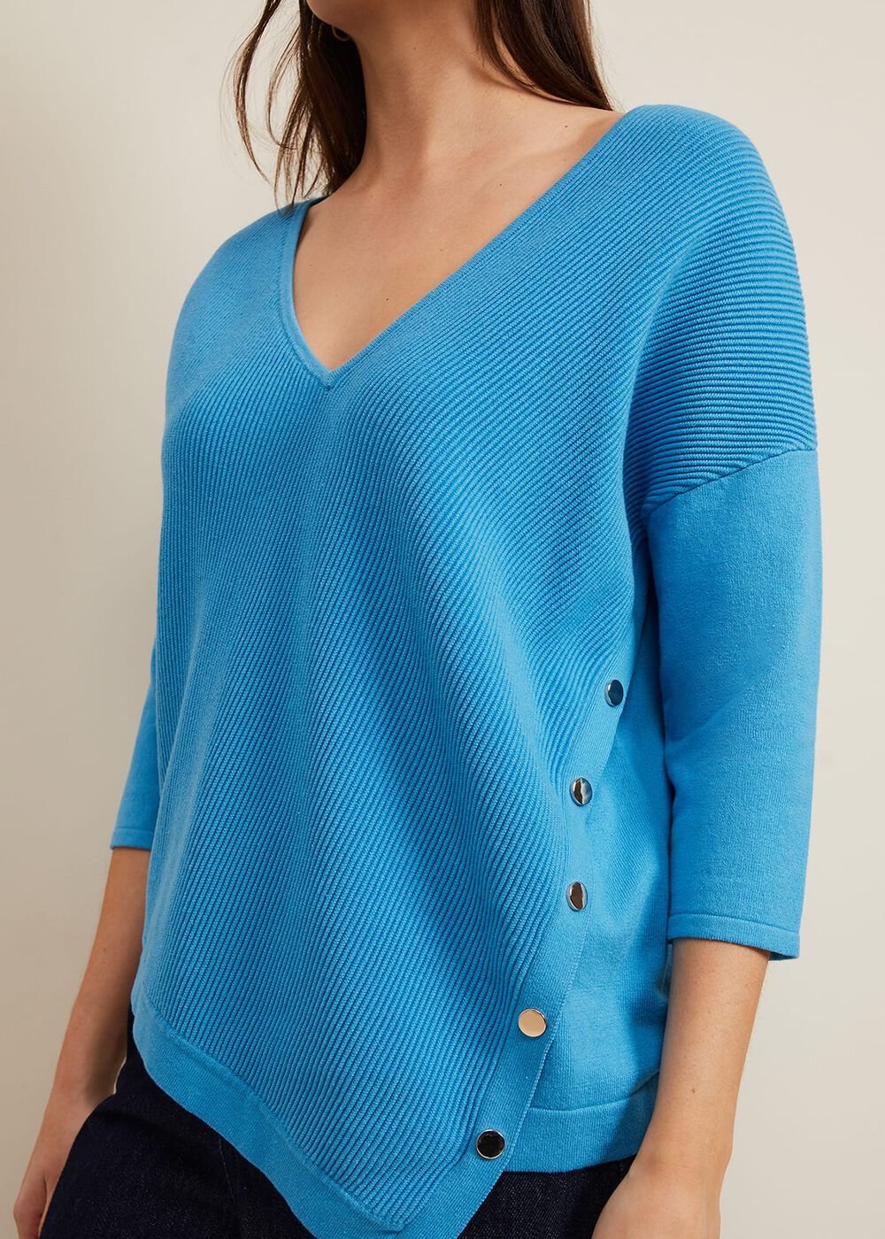 Georgia Ribbed Asymmetric Button Jumper - Blue