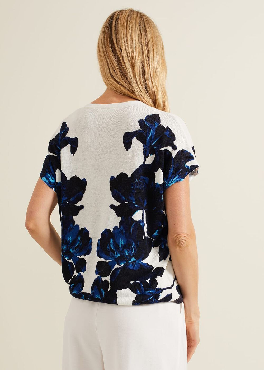 Mia Floral Print Linen Knit Top - Navy/Ivory