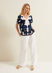 Mia Floral Print Linen Knit Top - Navy/Ivory