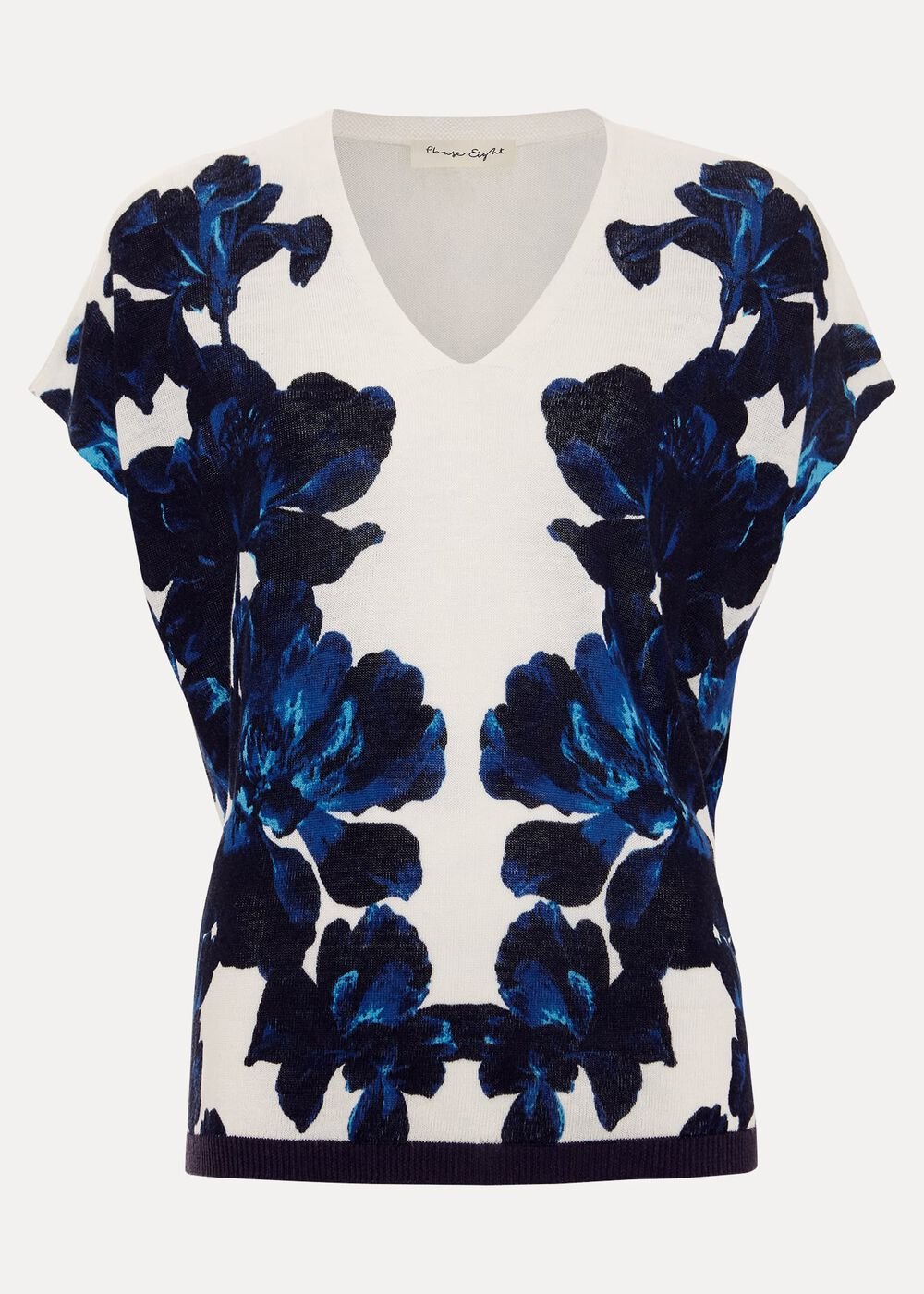 Mia Floral Print Linen Knit Top - Navy/Ivory