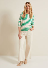 Women's Green Stripe Batwing Jumper - Multi-Coloured