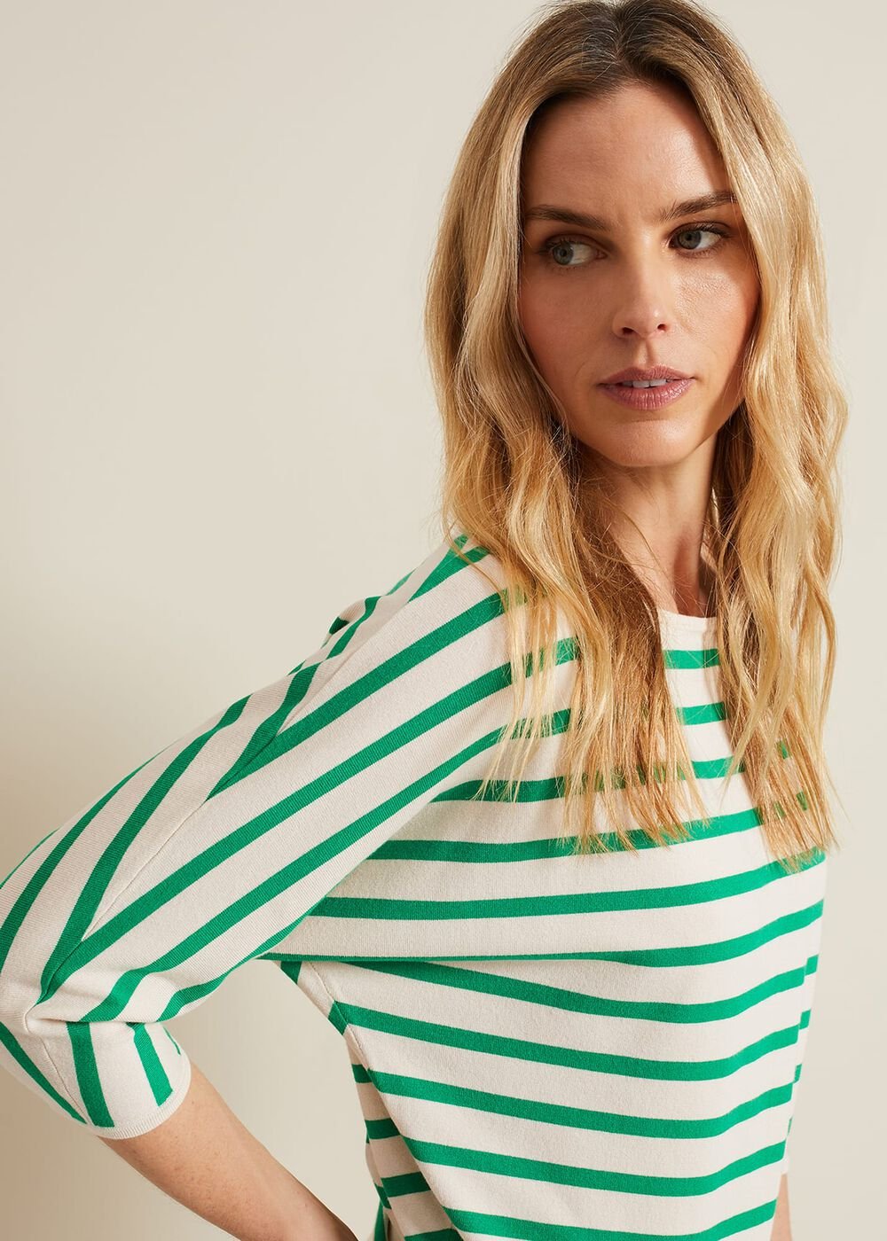 Women's Green Stripe Batwing Jumper - Multi-Coloured