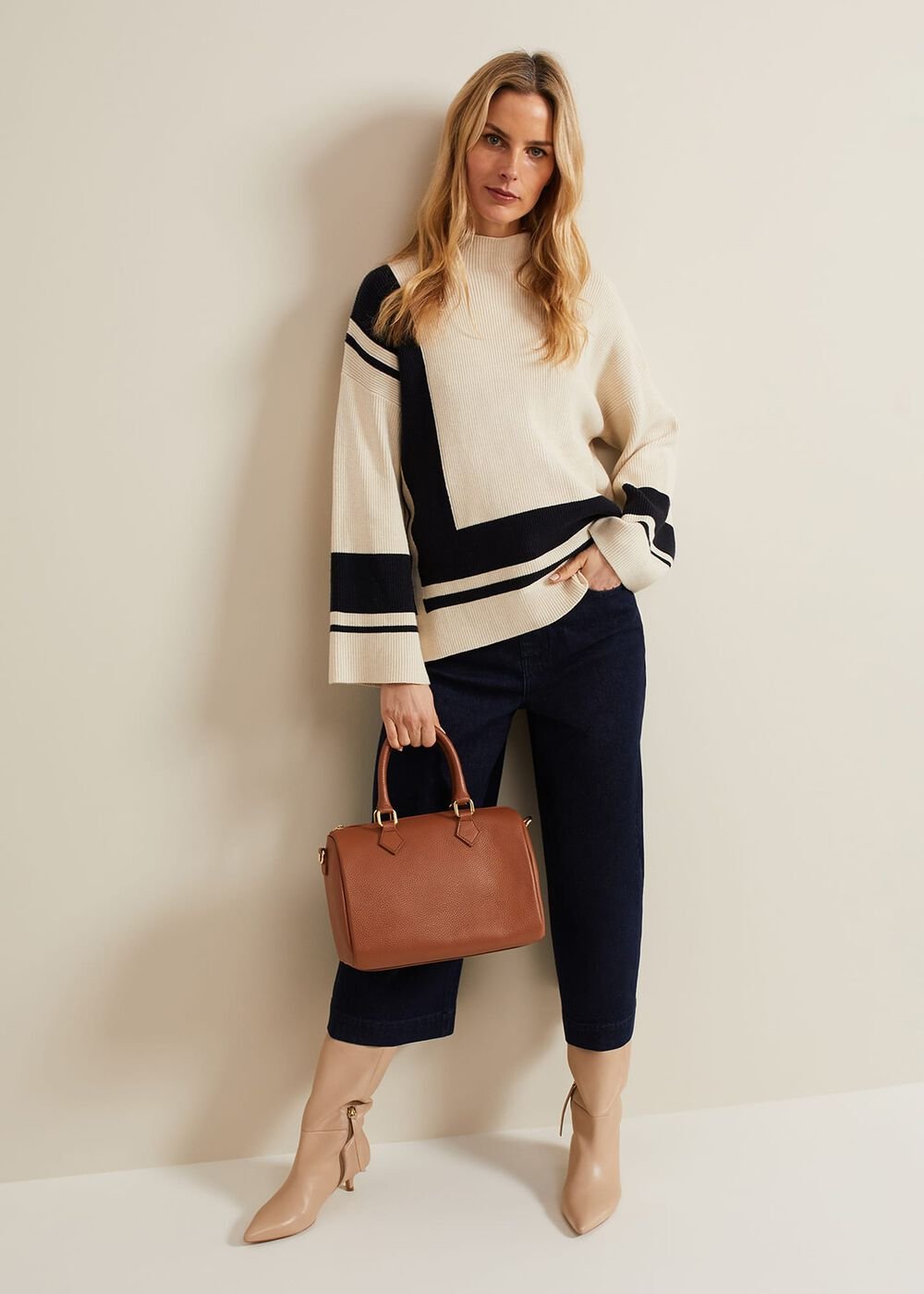 Kayleigh Chunky Boxy Striped Jumper - Stone/Navy